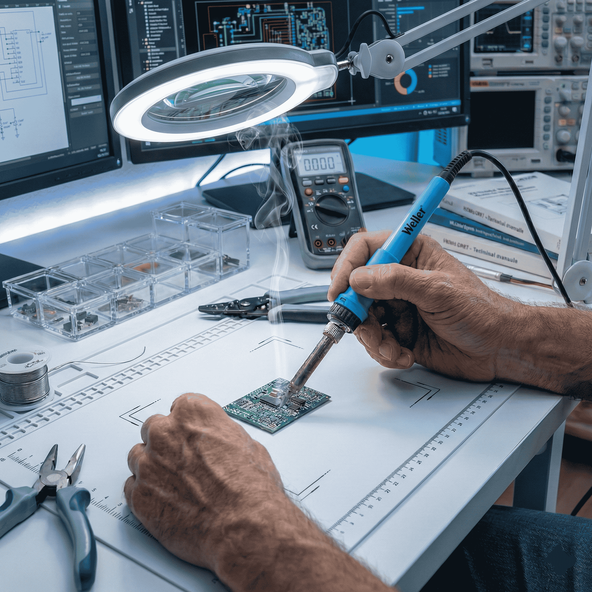 Main d'un technicien en train de souder manuellement un composant sur une carte électronique. Vue de l'atelier de prototypage du bureau d'études IACA en France.