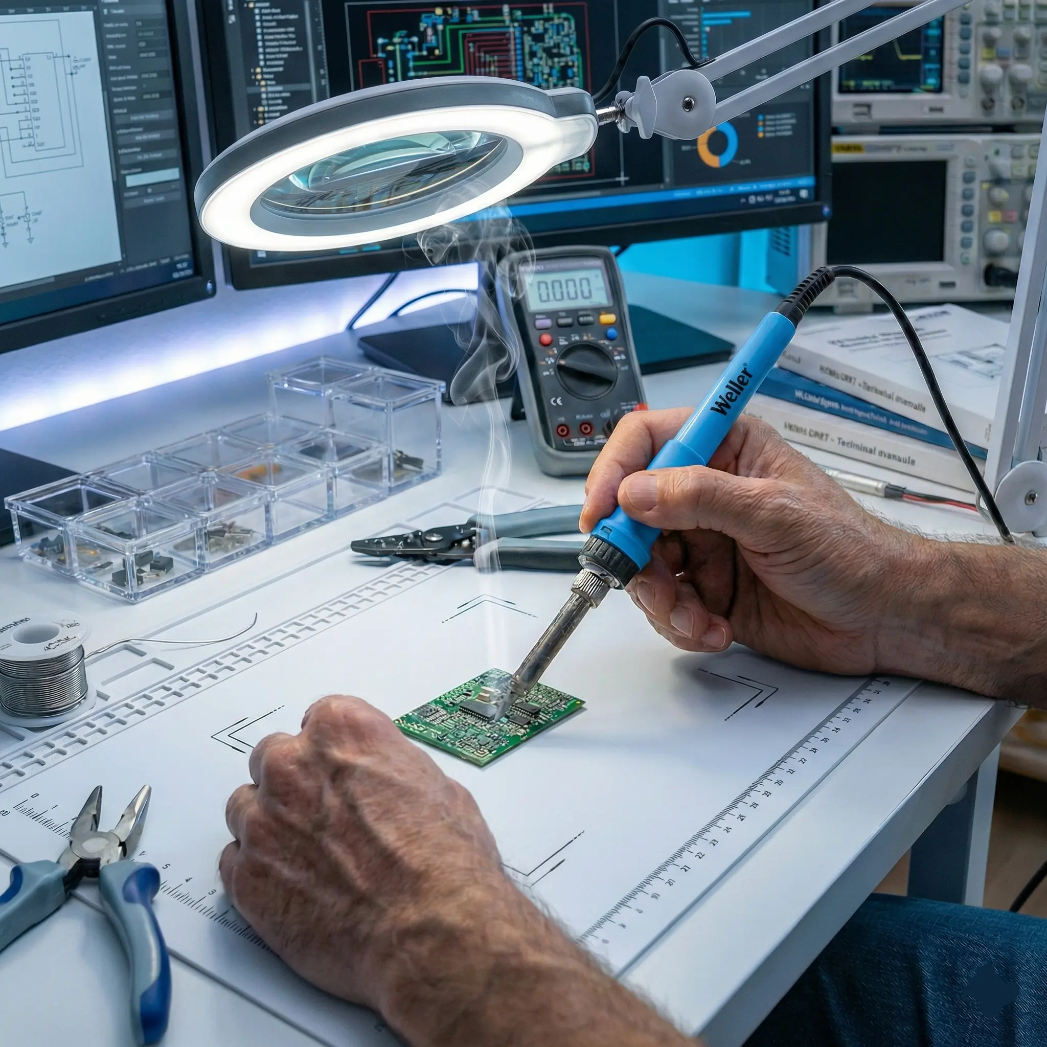 Main d'un technicien en train de souder manuellement un composant sur une carte électronique. Vue de l'atelier de prototypage du bureau d'études IACA en France.